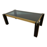 Italian coffee table from the 70s, smoked glass, black and gold lacquered wood.