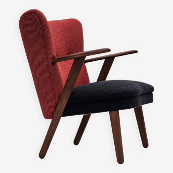 Années 1960, design danois par Erhardsen & Andersen, fauteuil retapissé, meuble en laine, bois de teck.