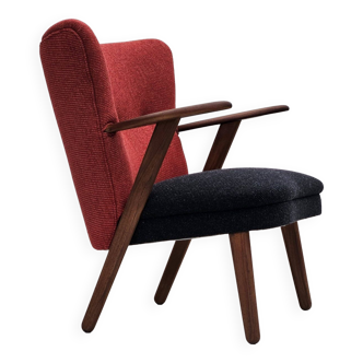 Années 1960, design danois par Erhardsen & Andersen, fauteuil retapissé, meuble en laine, bois de teck.