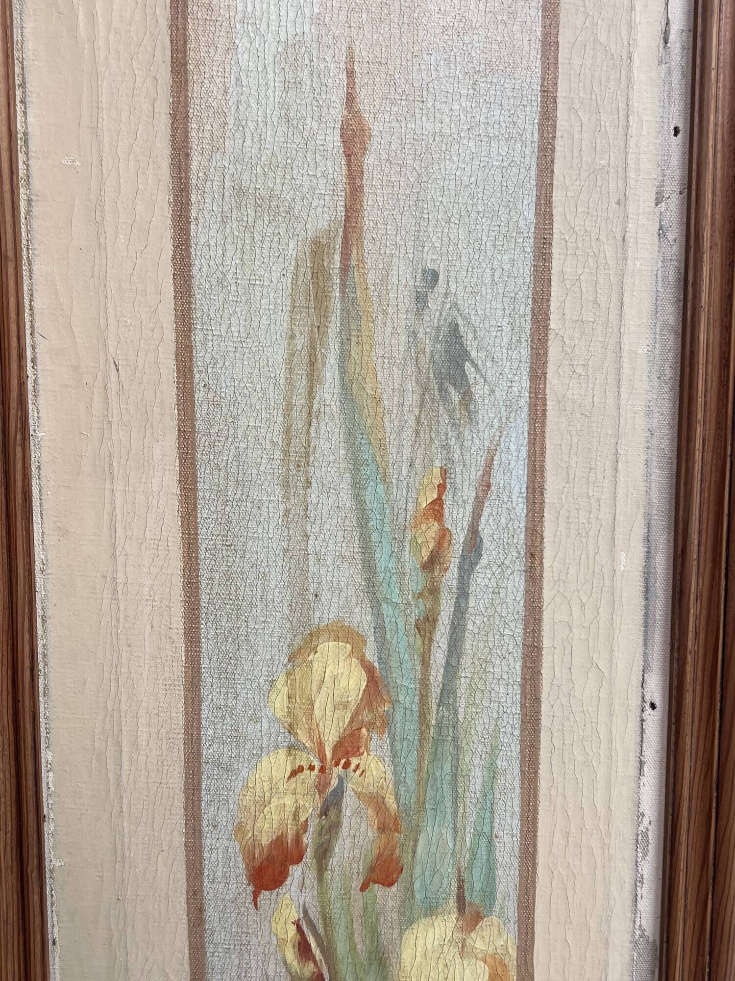 Pair of Art Nouveau Decorative Panels with Purple and Yellow Irises. Work