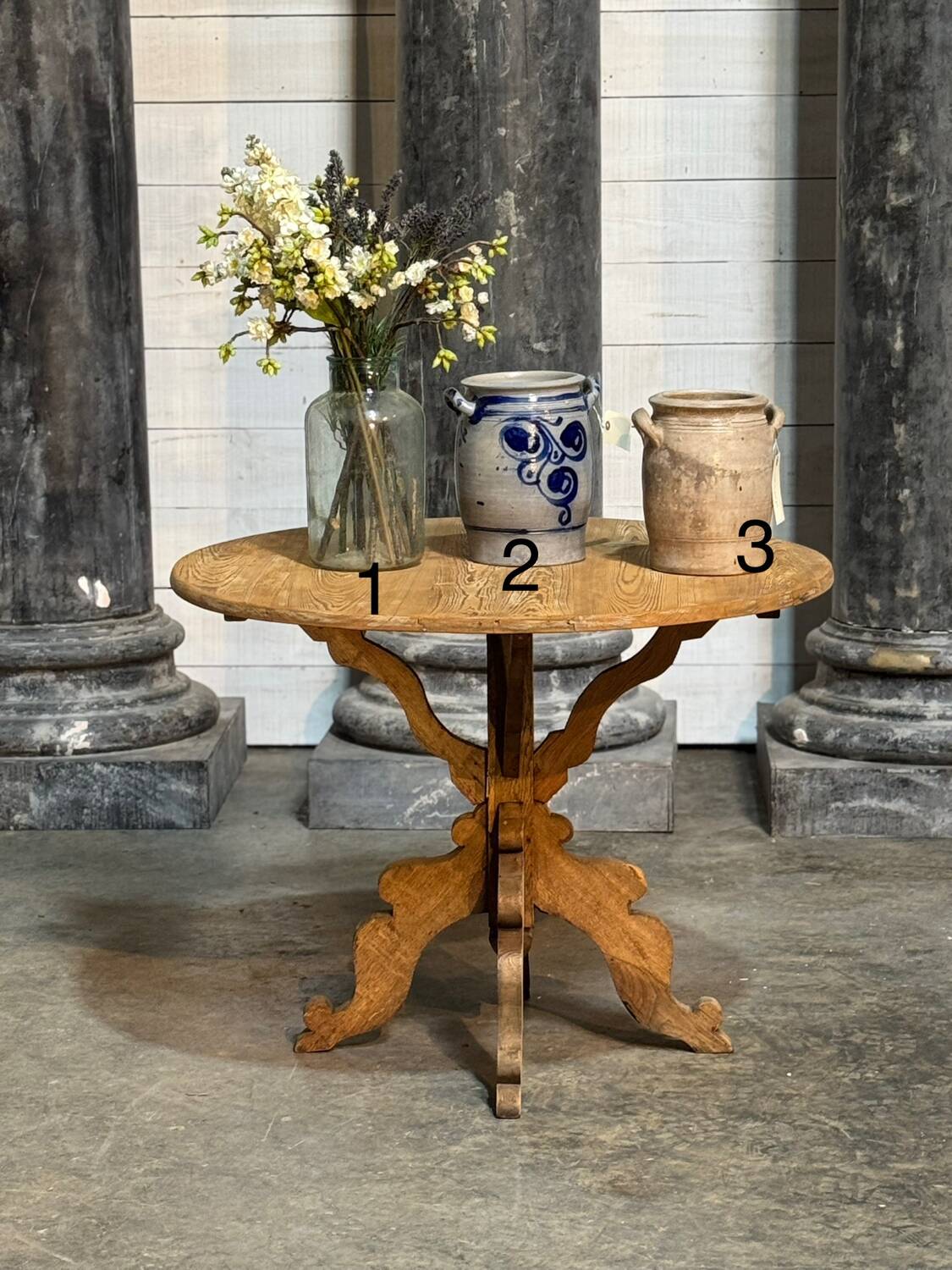 Round table in pitch pine and oak