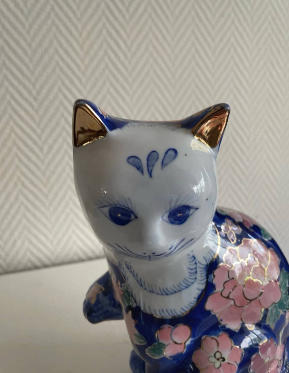 Large Vintage Chinese Blue and Pink Floral Ceramic Cat