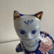 Large Vintage Chinese Blue and Pink Floral Ceramic Cat