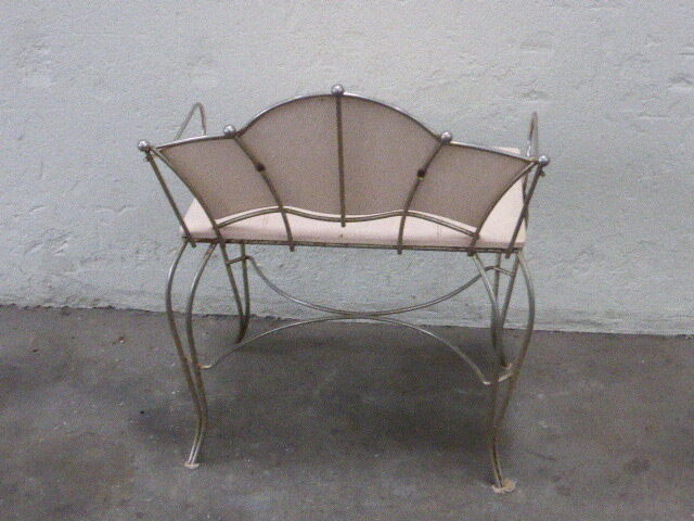 Vintage 1960s children's bench chair in gilded wrought iron and pale pink leatherette