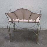 Vintage 1960s children's bench chair in gilded wrought iron and pale pink leatherette