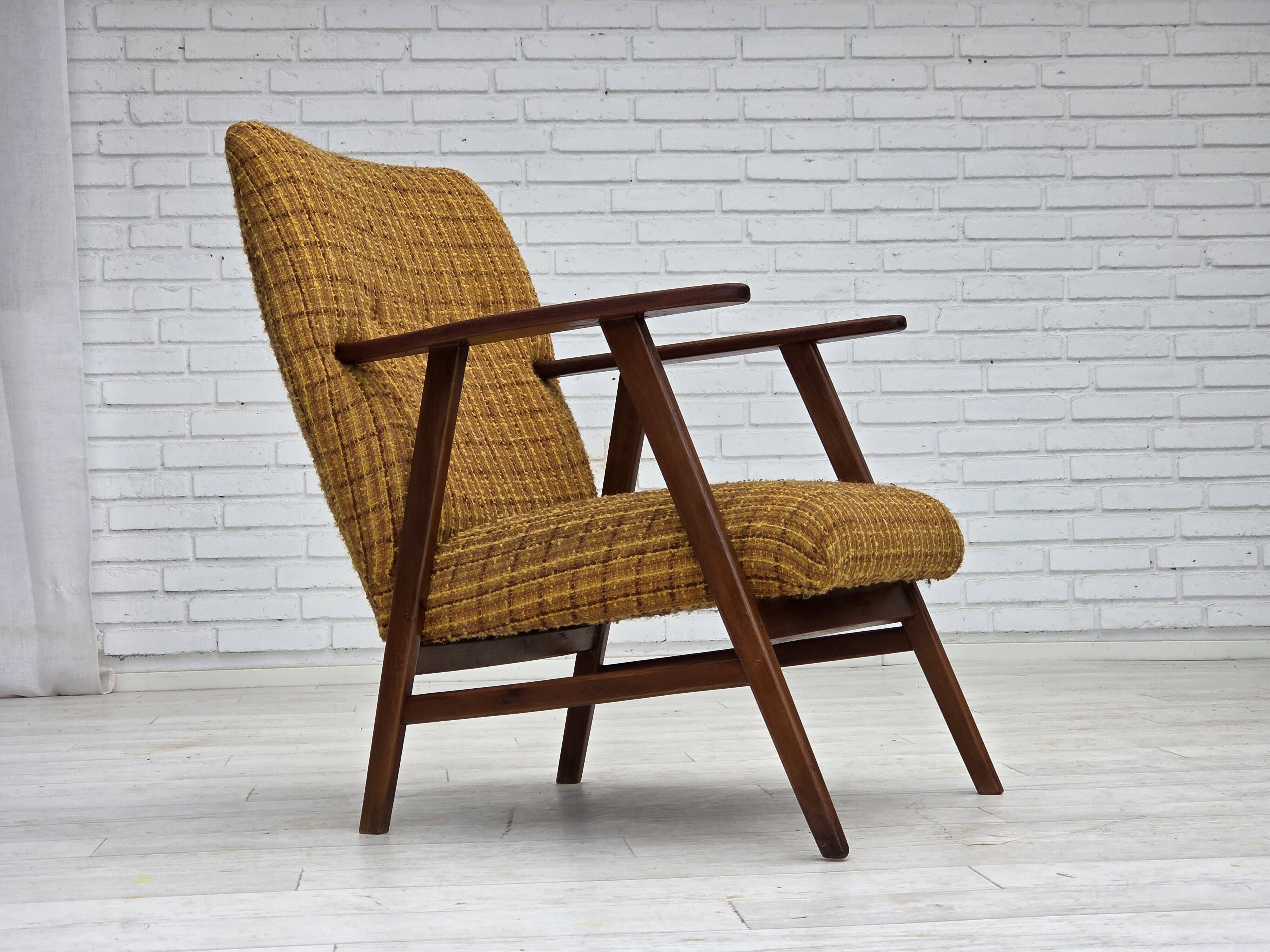 1960s, Danish armchair, furniture wool fabric, teak wood, oak wood.