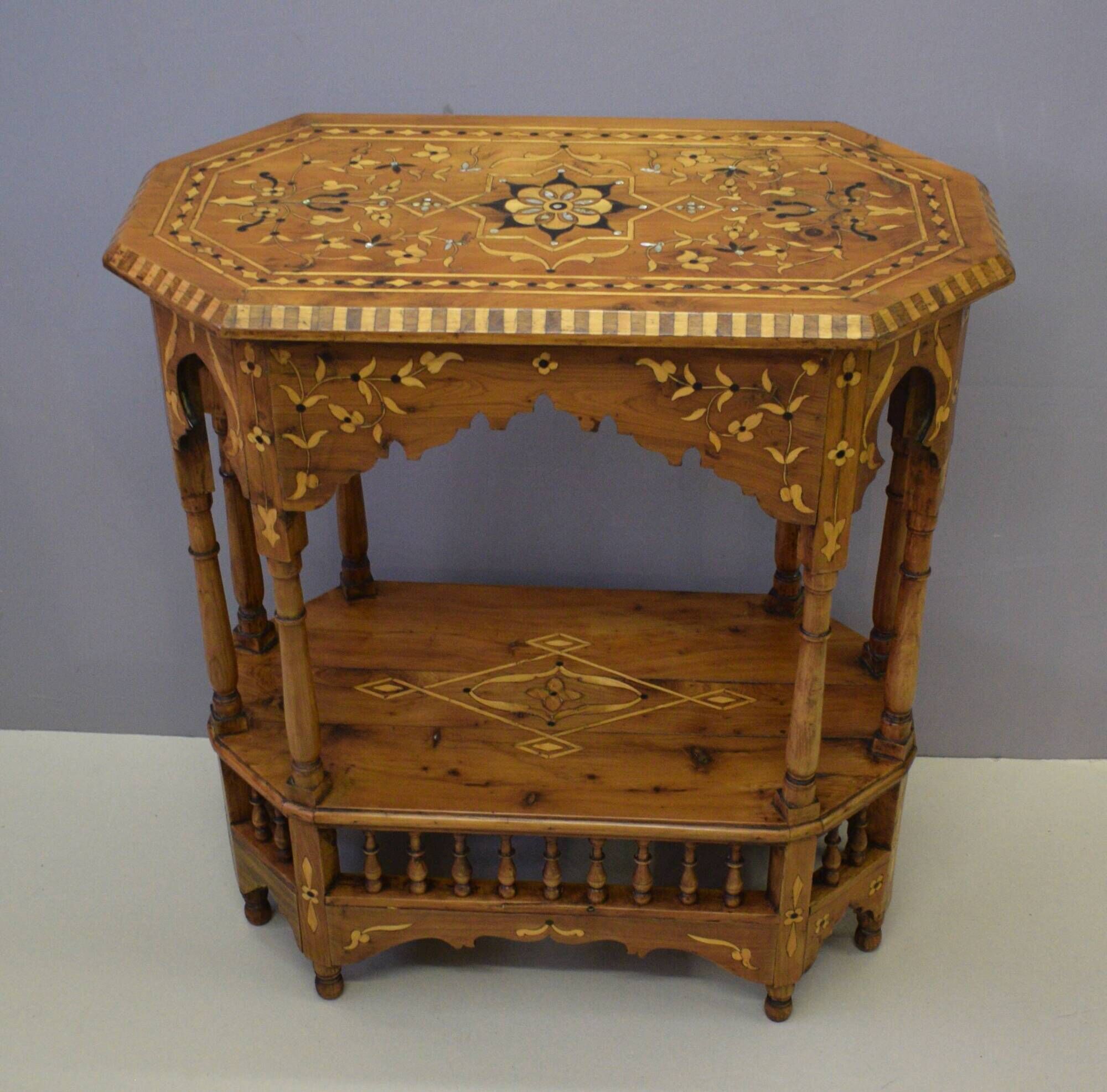 Oriental pedestal table in hexagonal shape made of cedar wood and marquetry