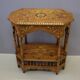 Oriental pedestal table in hexagonal shape made of cedar wood and marquetry