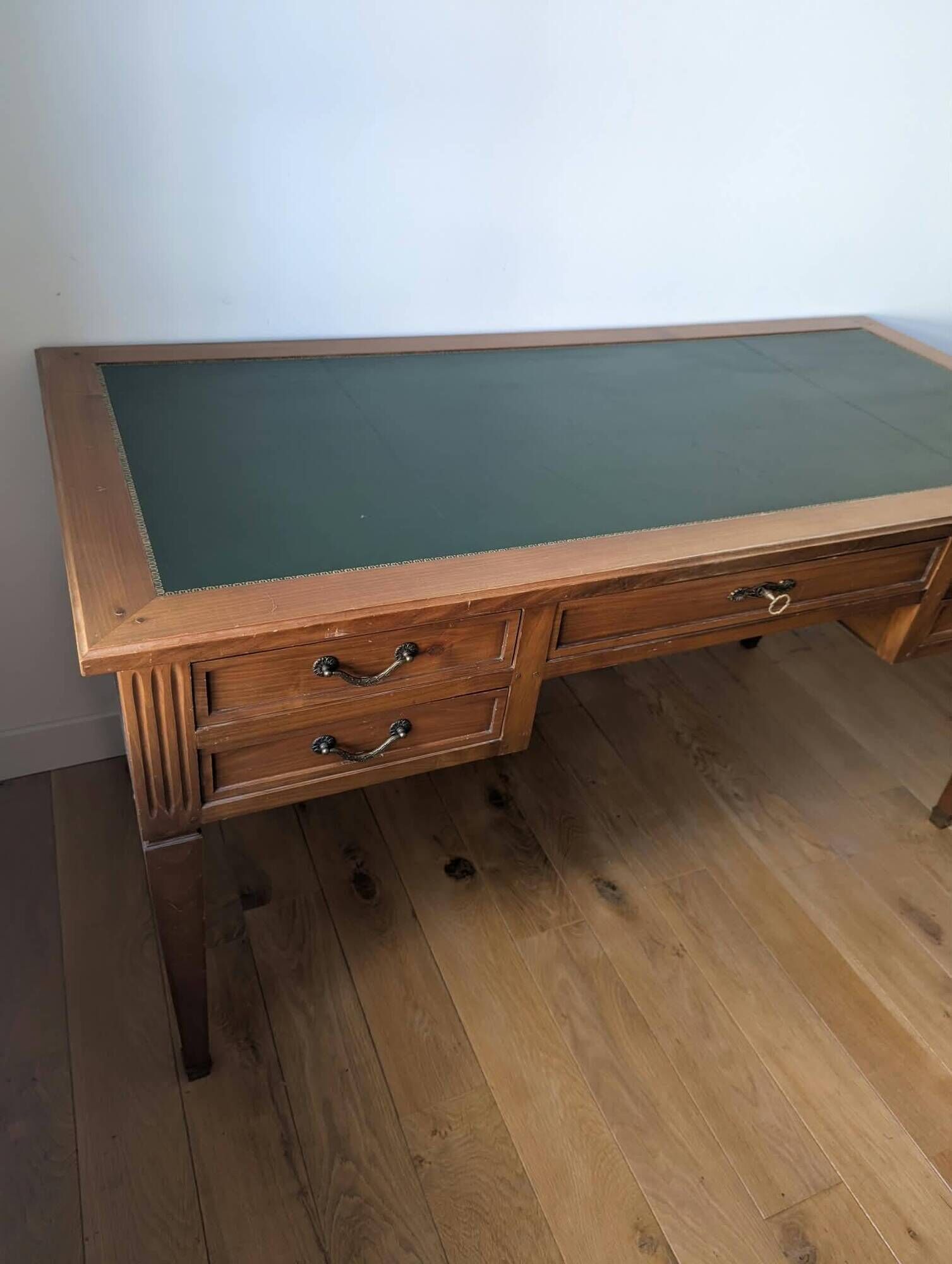 Louis XVI style flat desk in cherry wood, green leather top - French work