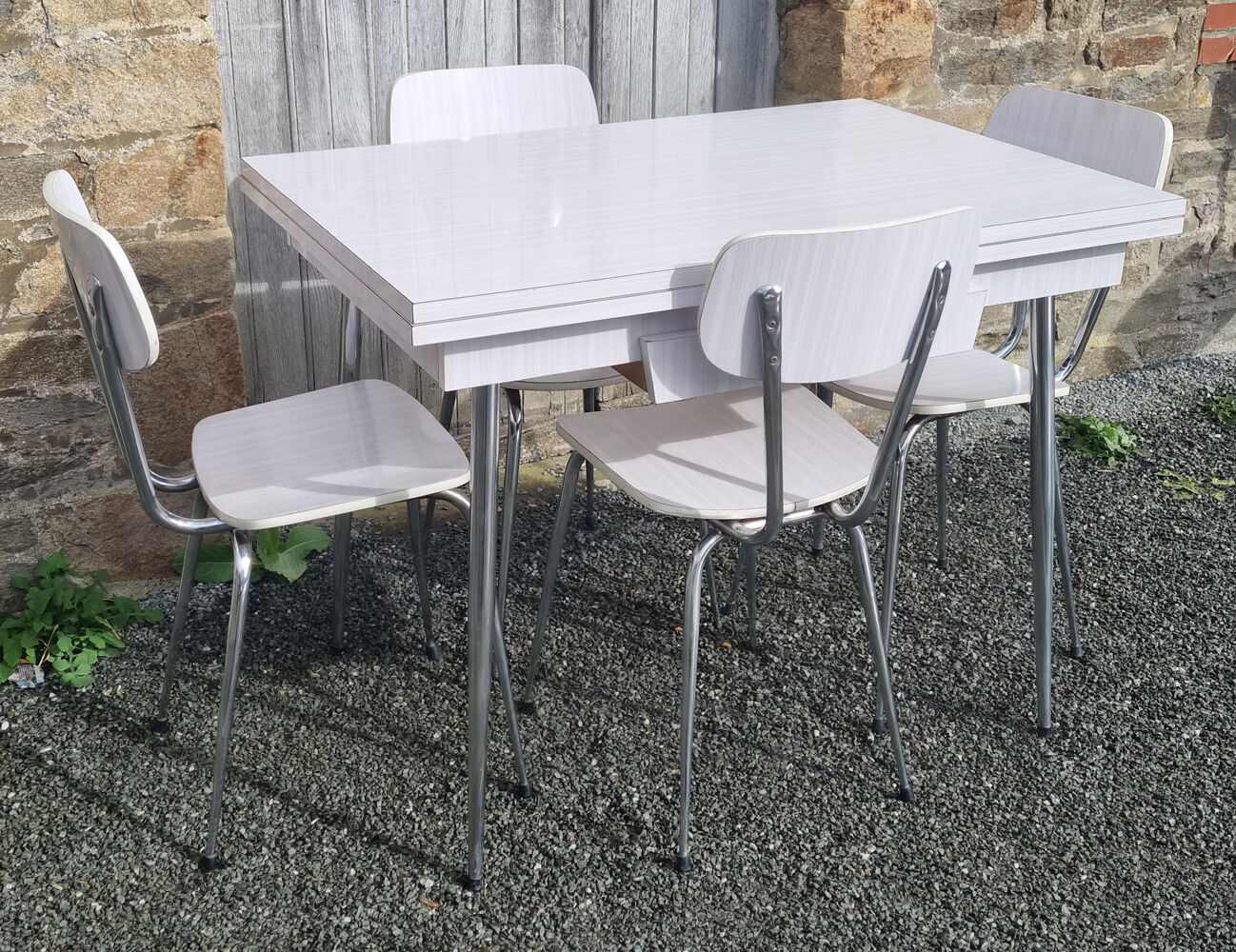 Set in white formica, table and 4 chairs, vintage, 70s