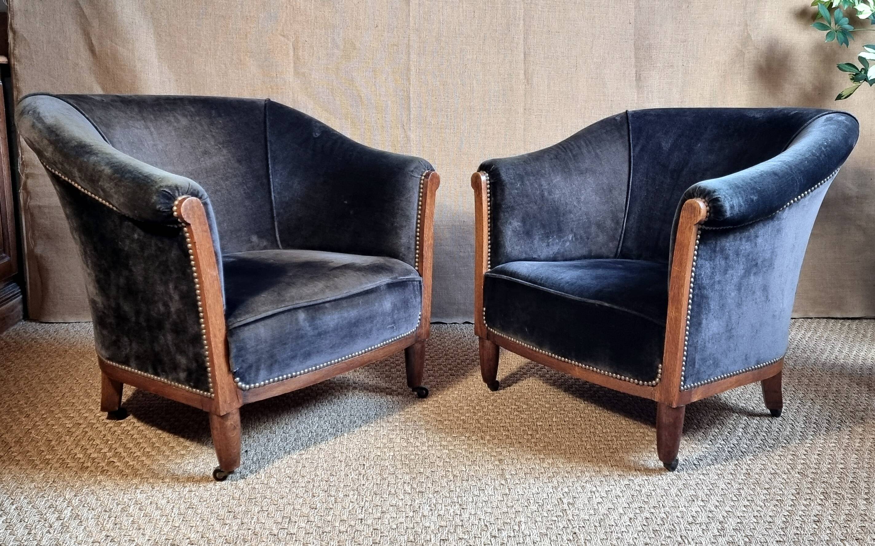 Pair of club armchairs called Monaco, studded velvet, art deco