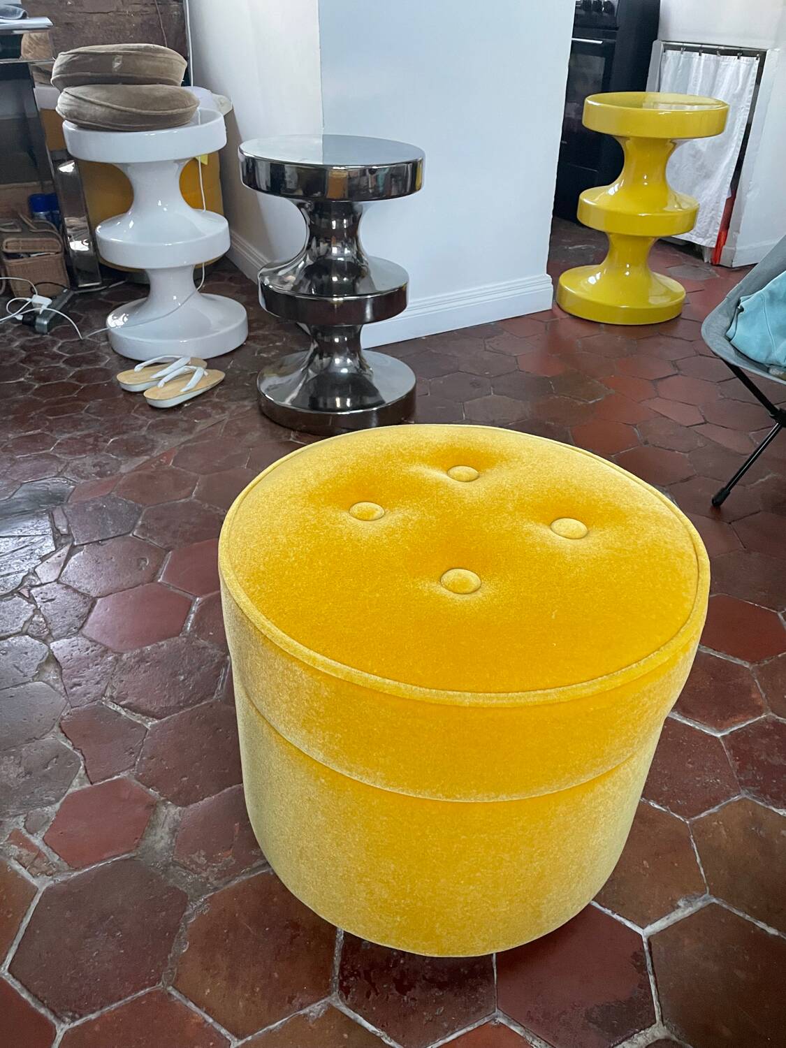 India Mahdavi velvet pouffe stool