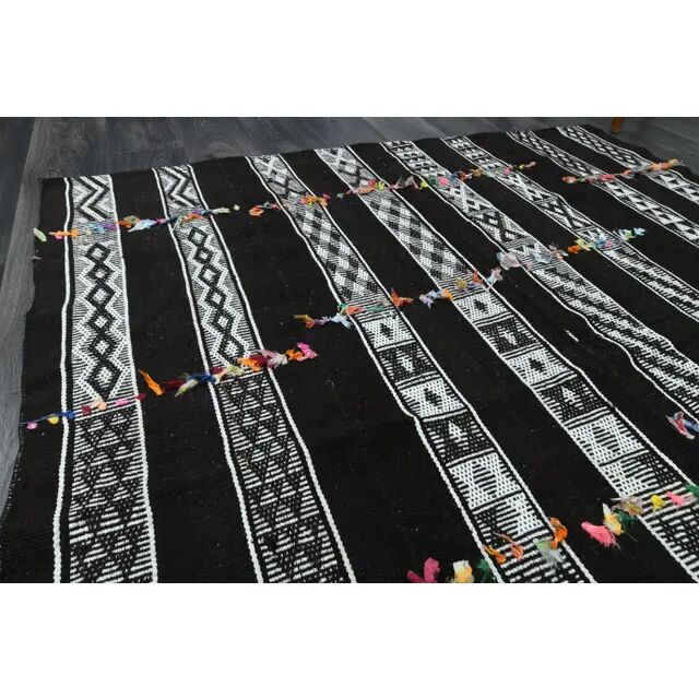 1970s Vintage Turkish Oushak Handmade Wool Cotton Black Runner Rug 169x190
