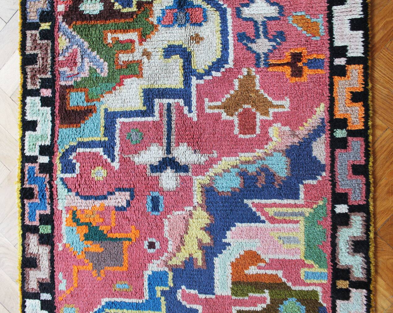 1960s Wool Rug with Vibrant Geometric Abstract Pattern