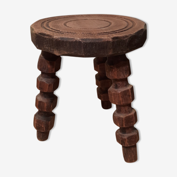 Low tripod stool / solid wood plant holder, brutalist