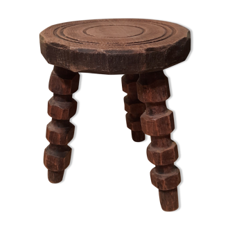 Low tripod stool / solid wood plant holder, brutalist