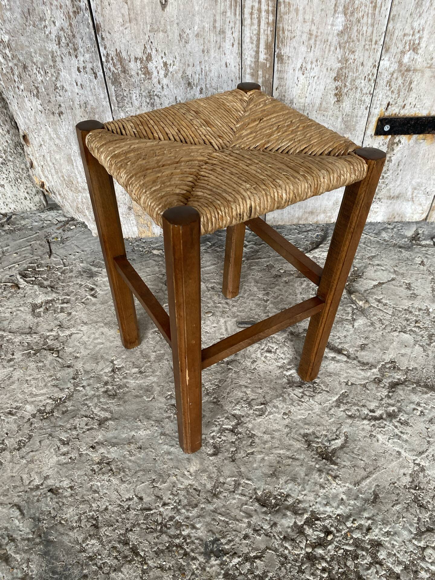 Antique Carved Wood Stool + Vintage Straw Seat #E099