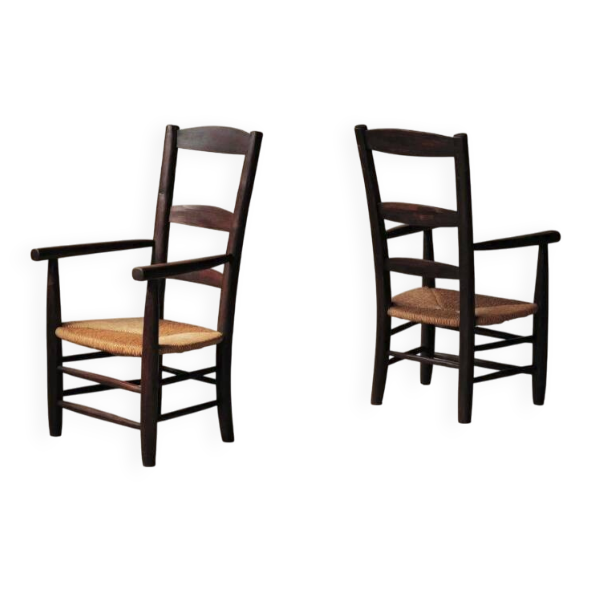 Pair of solid wood and straw armchairs, France, circa 1950.