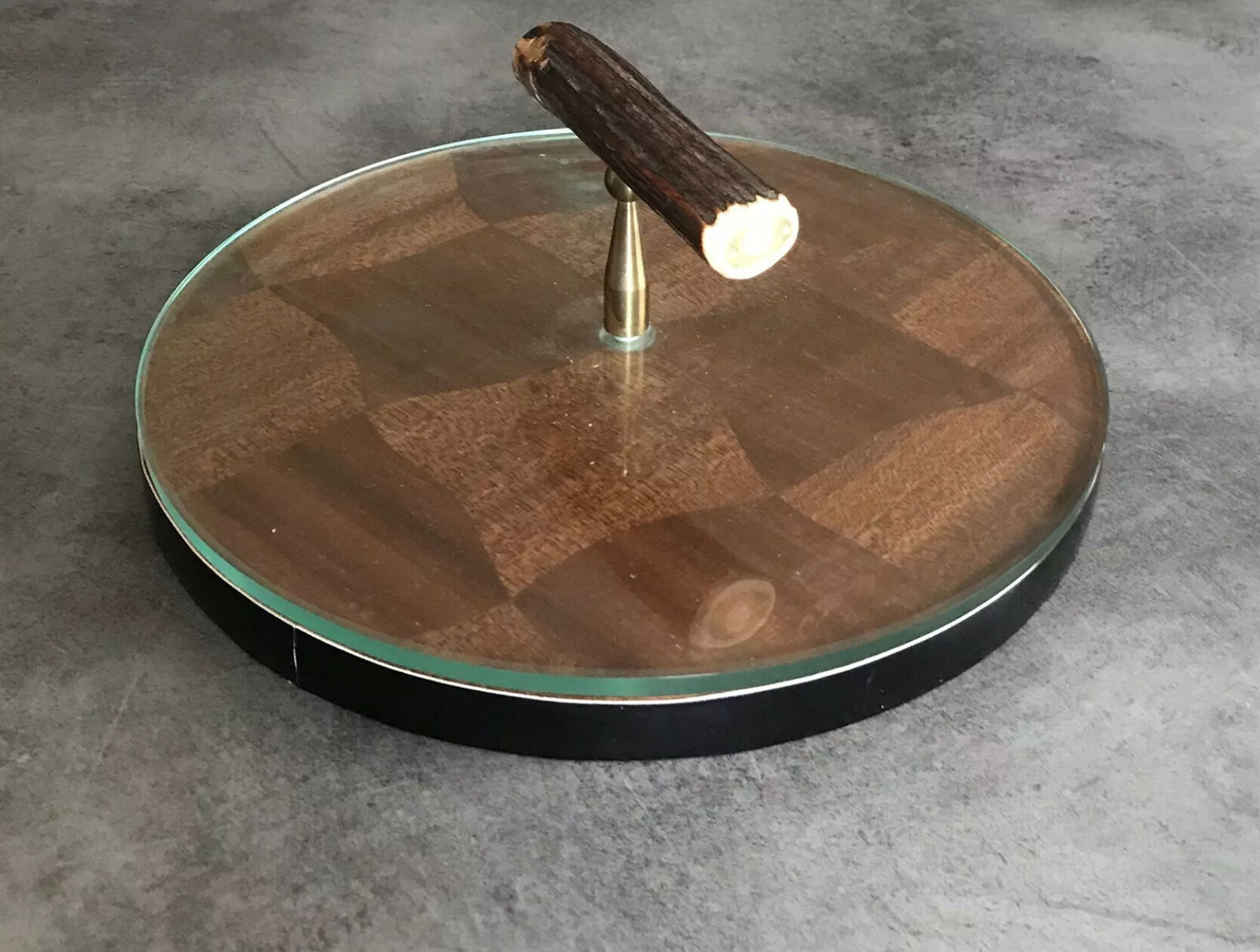 Cheese plat vintage rond marquetry plateau turning glass 28.5 cm
