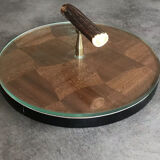 Cheese plat vintage rond marquetry plateau turning glass 28.5 cm