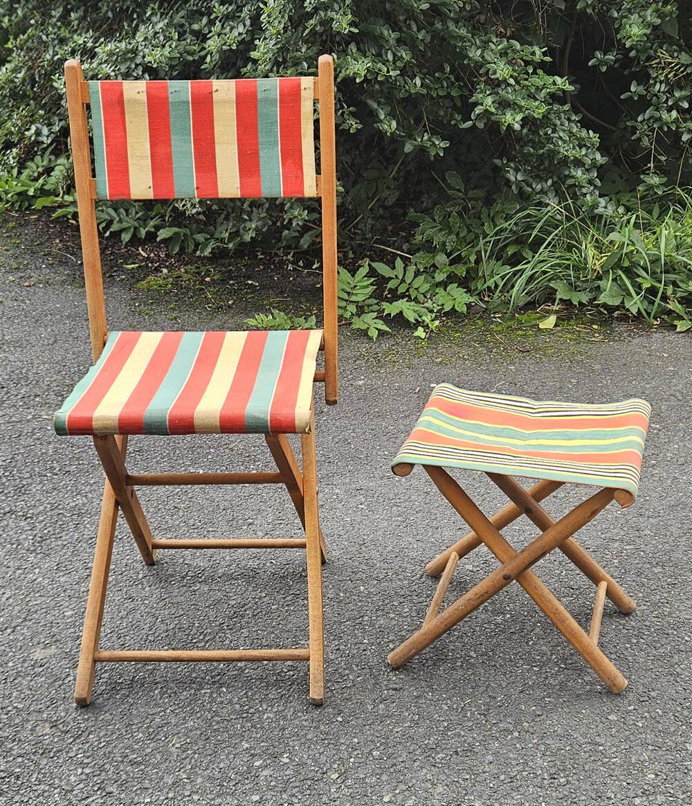 Folding canvas chair with stool, 1950s.