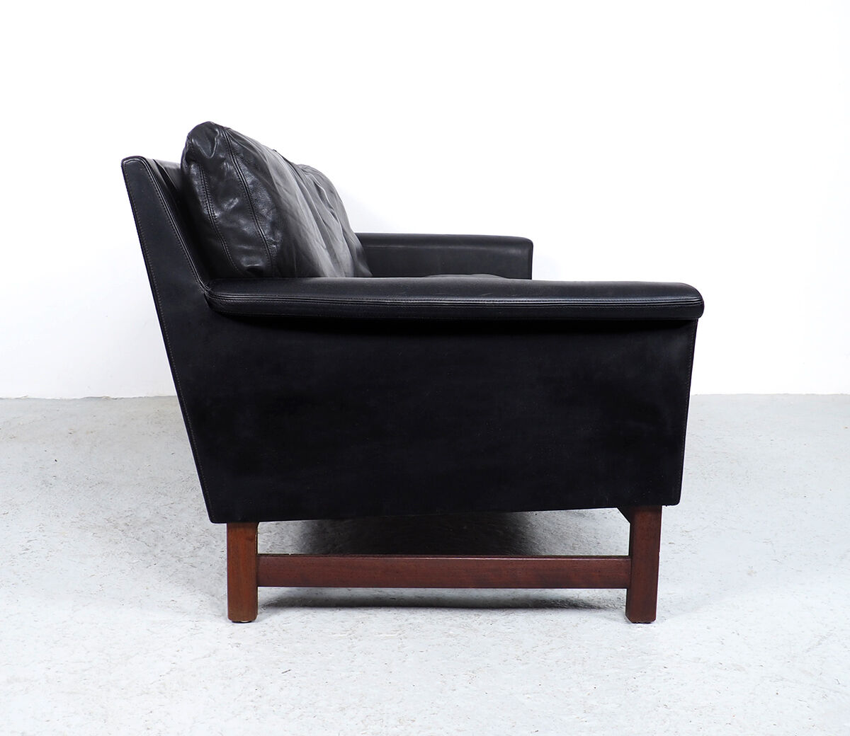 Danish design black leather and teak 3 seater sofa, 1960s