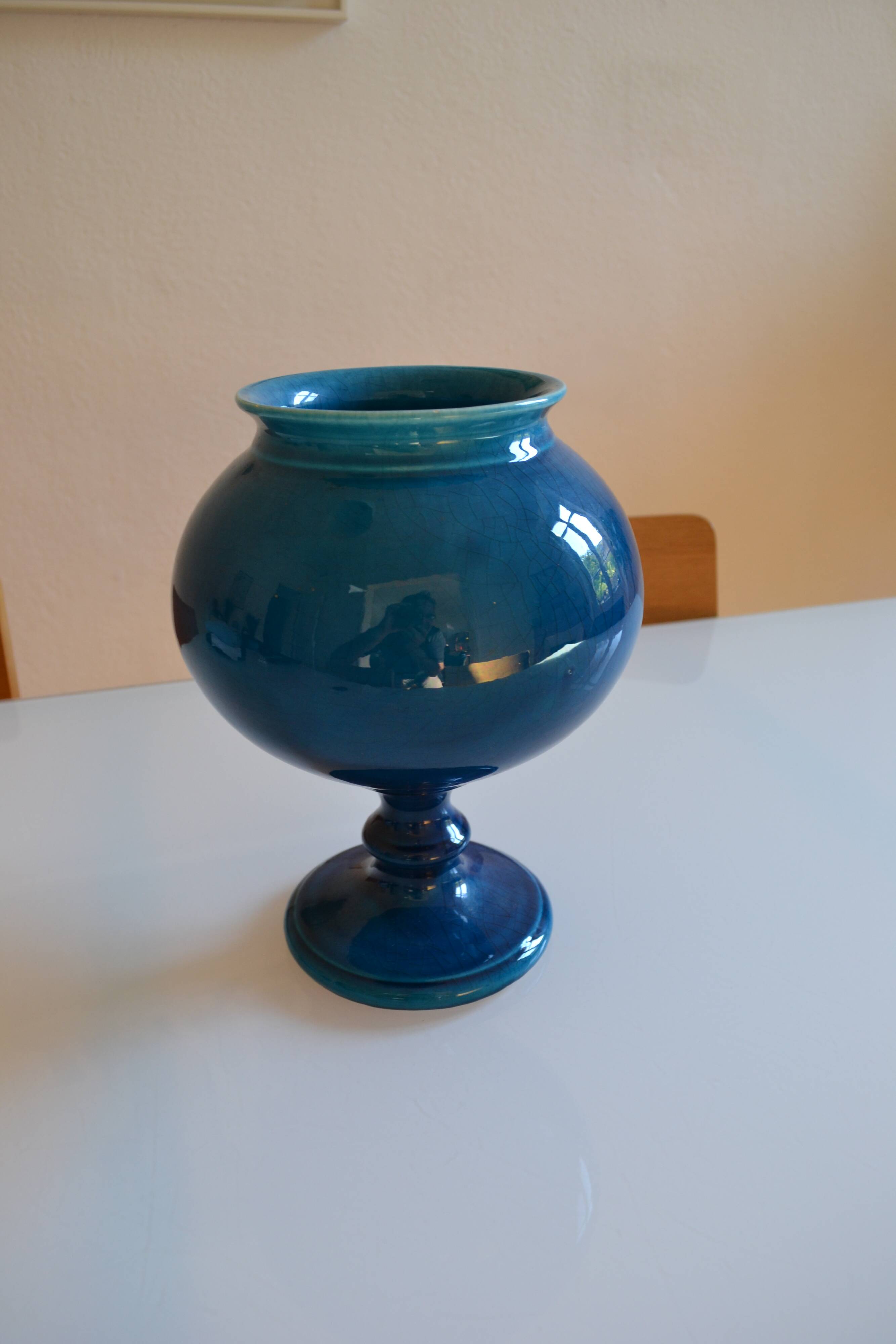 Vase bleu céramique craquelé  H : 28 cm