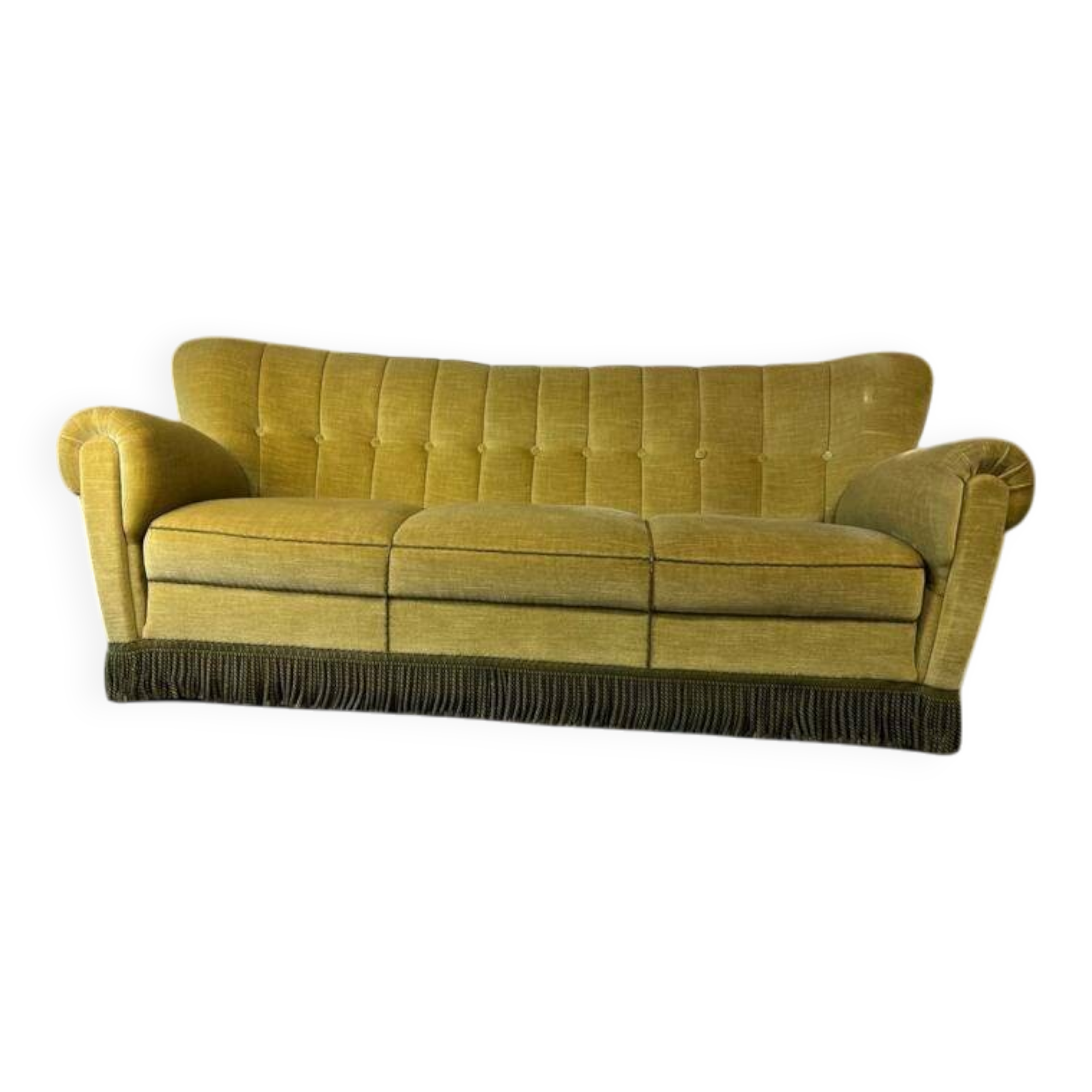 Canapé vintage jaune-vert / sofa / trois places avec franges