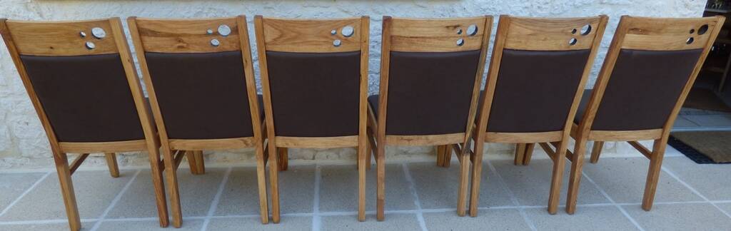 6 High-back chairs in high-quality, plush solid wood with brown faux leather