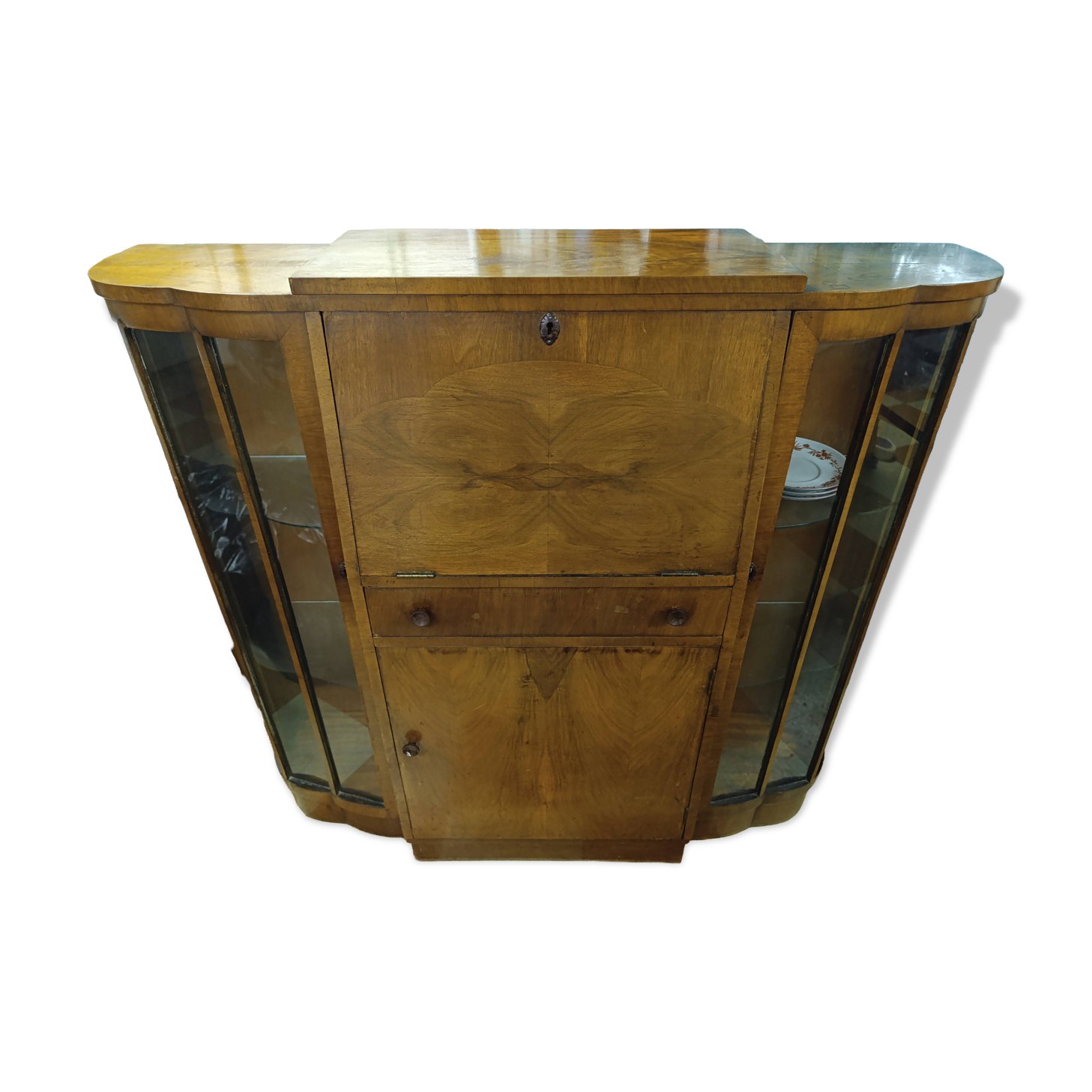 Art Deco style glass-fronted cocktail bar cabinet with folding desk