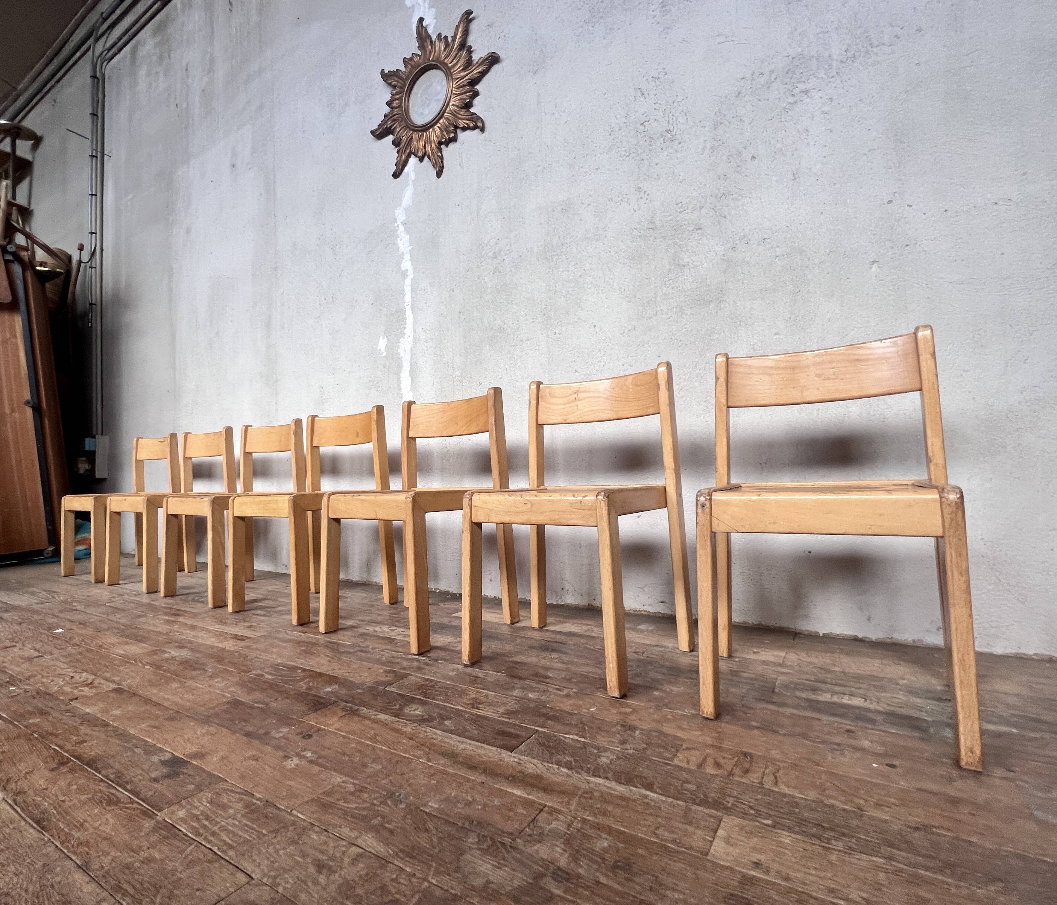 Series of 7 vintage Scandinavian bohemian wooden children's chairs