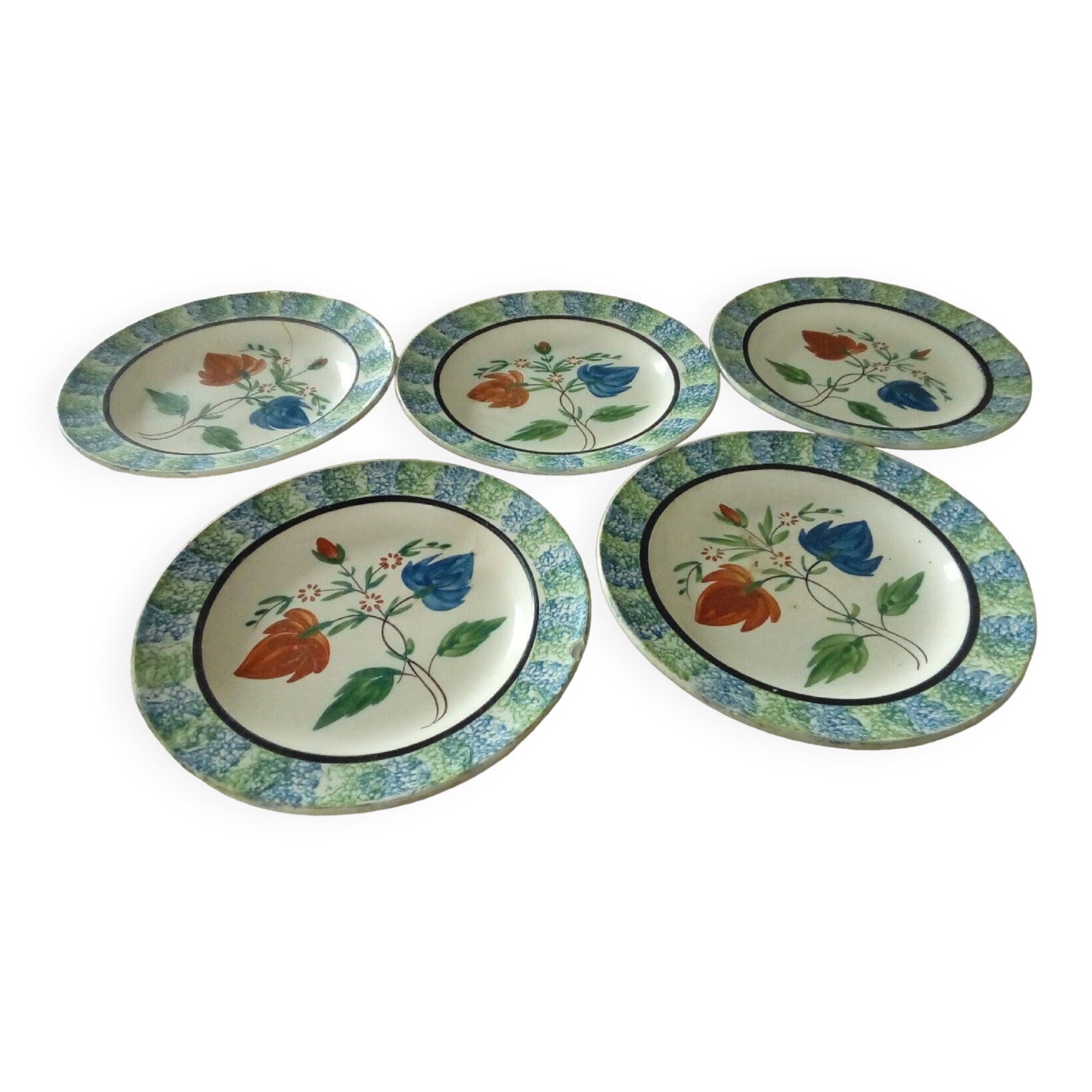 Fine earthenware plates from Forges Les Eaux, sponge decoration, late 19th century