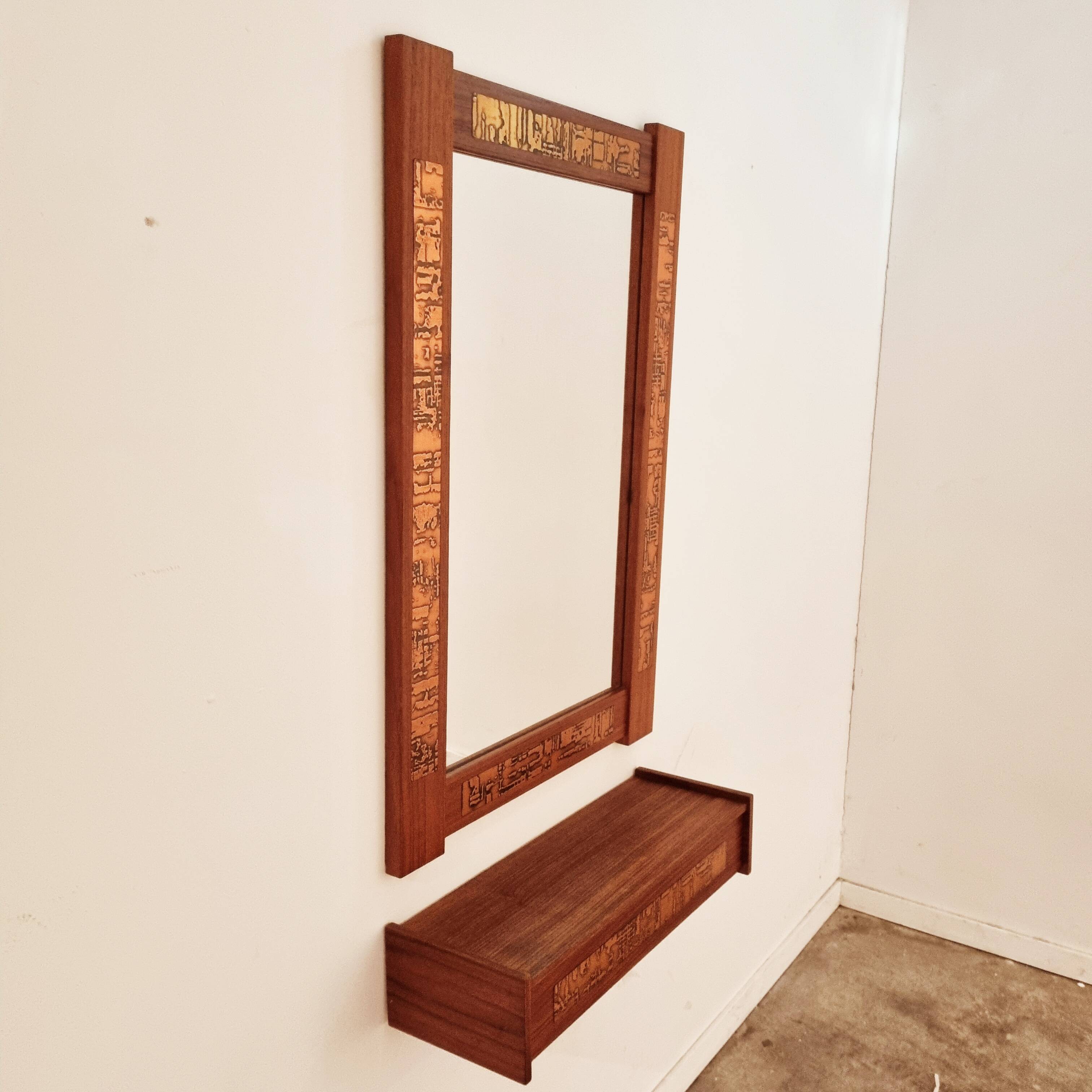 Mid-Century Teak and Copper Hallway Set with Mirror and Shelve, 1960s, Set of 2