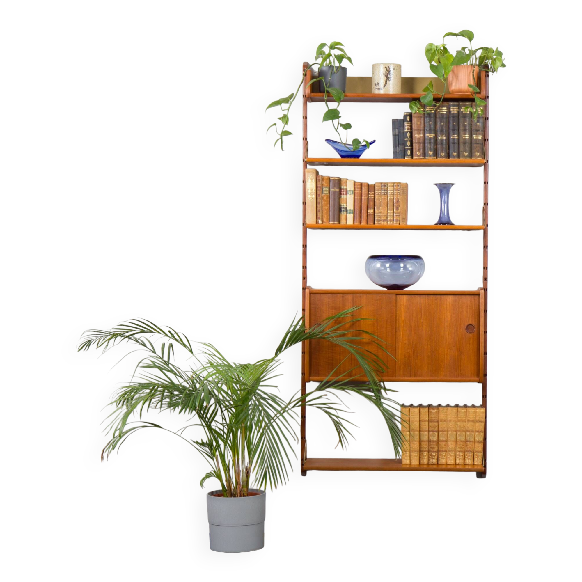 Scandinavian modern wall shelving system Ergo in teak by J. Texmon, Norway, 1960s