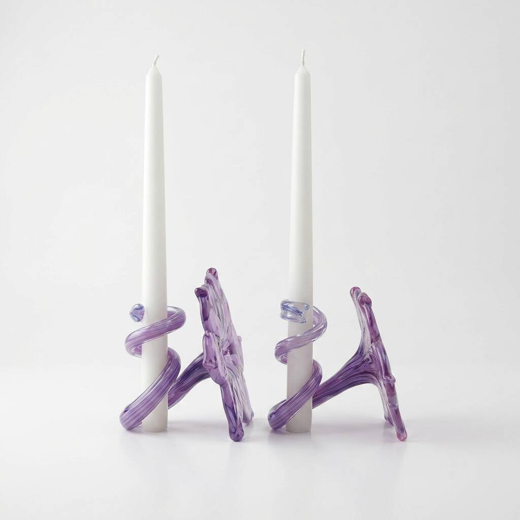 Pair of flower candle holders made of glass, handcrafted in Italy.