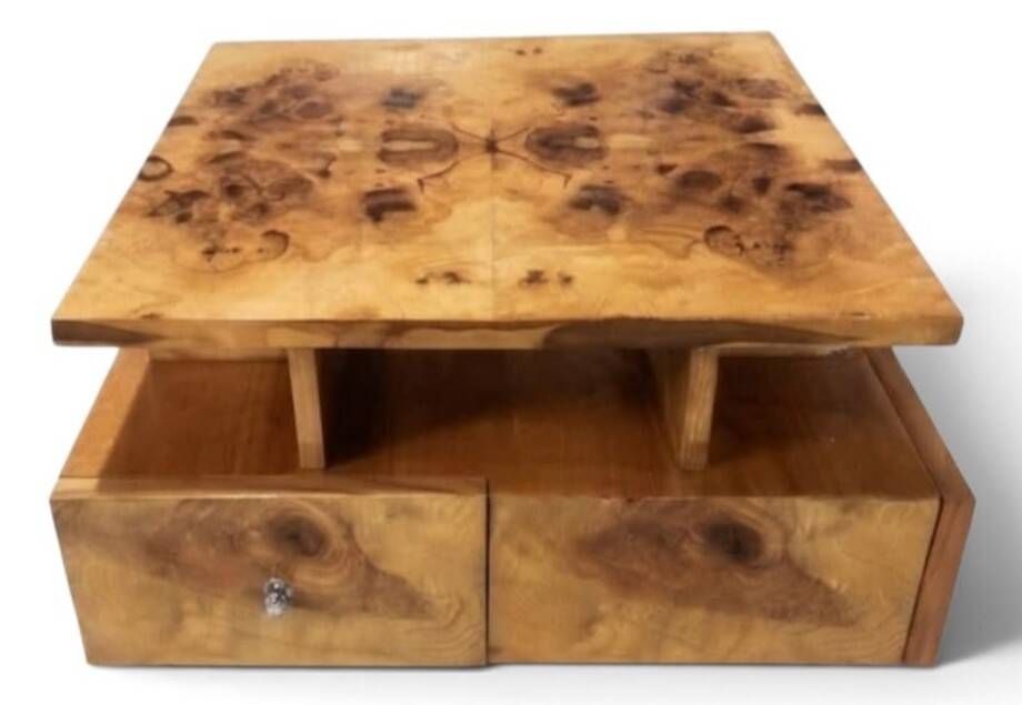 An Art Deco coffee table made of beech wood and elm burl with drawers.