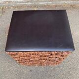 2 Scandinavian poufs in woven brown water hyacinth and leather