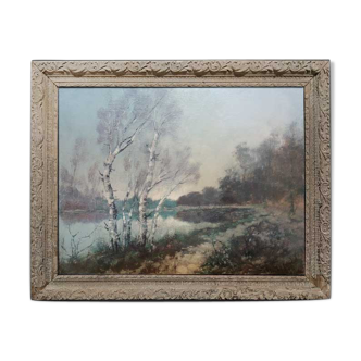 Landscape at the lake, lake, French school, Oil on panel signed and dated 19th century