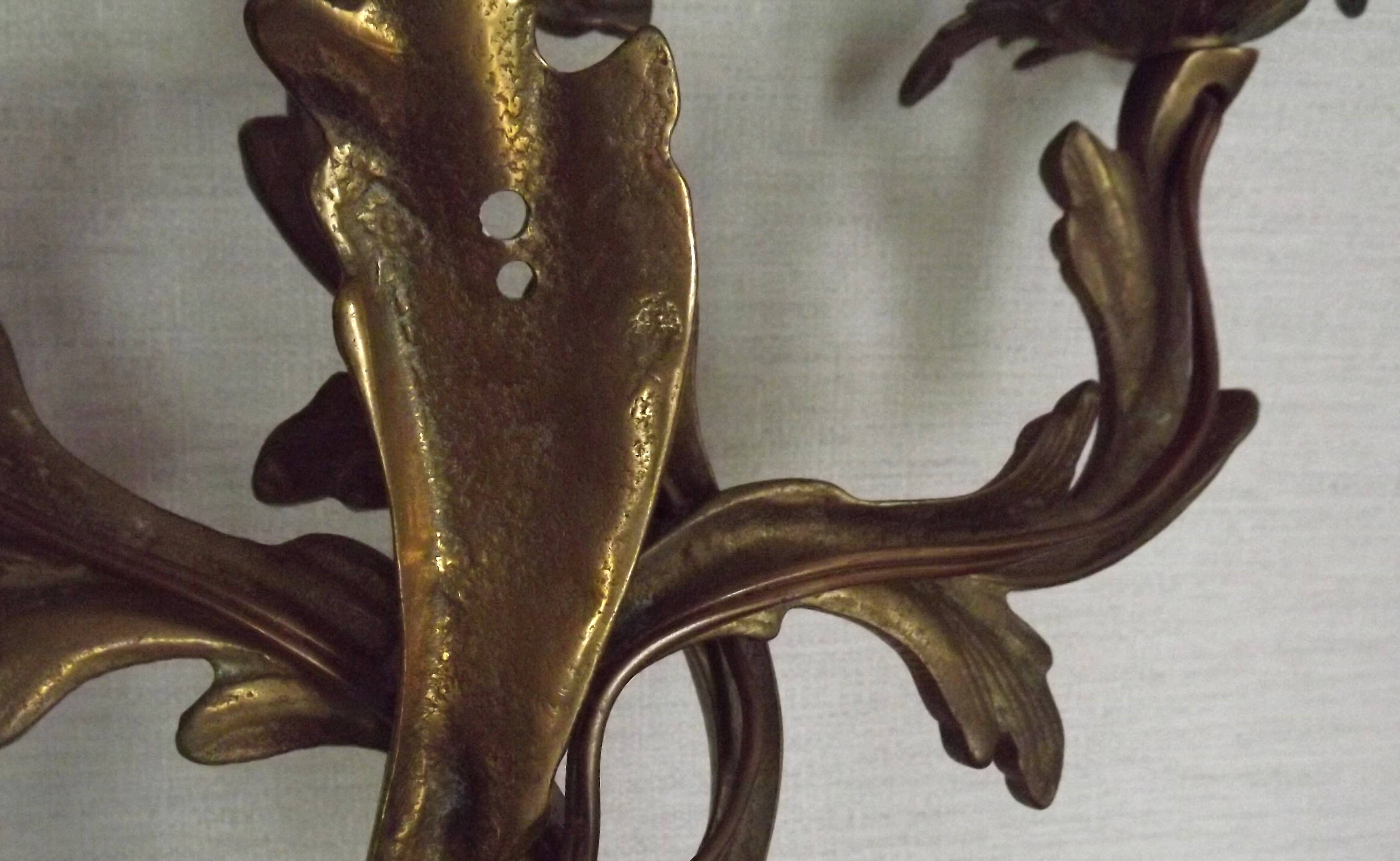 Magnificent Pair of French Antique Bronze Three-Light Acanthus Wall Sconces