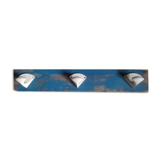 Coat rack blue patinated wood 3 hooks metal old vintage deco dp 0422011