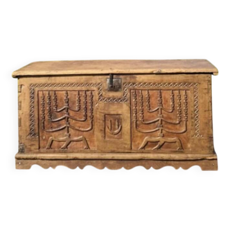 wedding chest in solid fruit wood carved with 2 Menorahs and Hebrew symbol from the 18th century or even before.