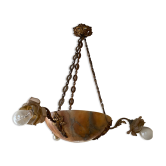 Art Nouveau pendant lamp in alabaster and gilded brass