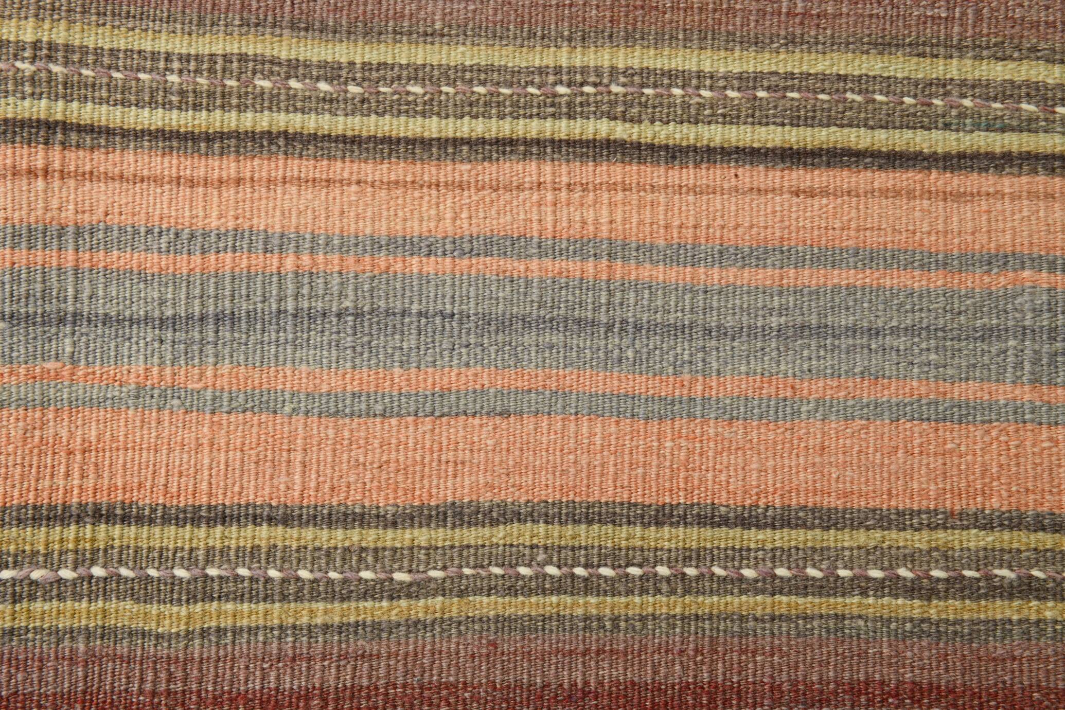 4x7 Pale Orange & Mint Green Striped Wool Kilim Rug, Washable Rug,126x210Cm