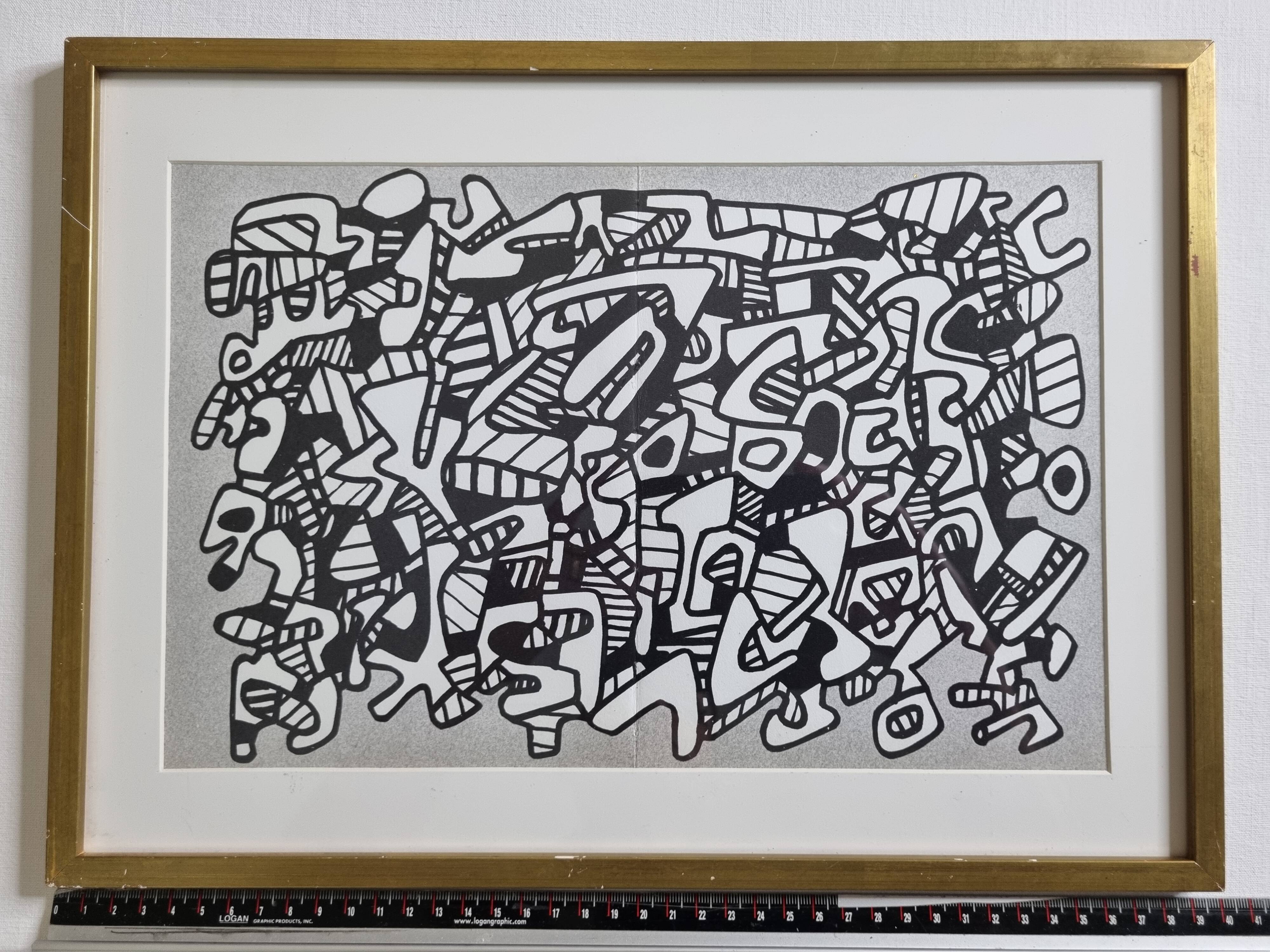 Sérigraphie encadrée sous verre d'après Jean Dubuffet, en noir et blanc, années 70, 40 x 29