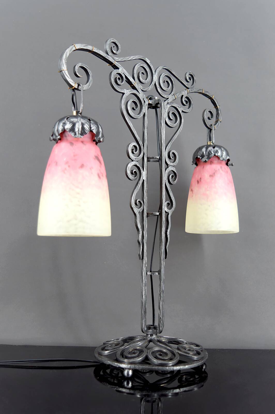 Important Wrought Iron Double-Headed Lamp by Schneider, Art Deco, c. 1920