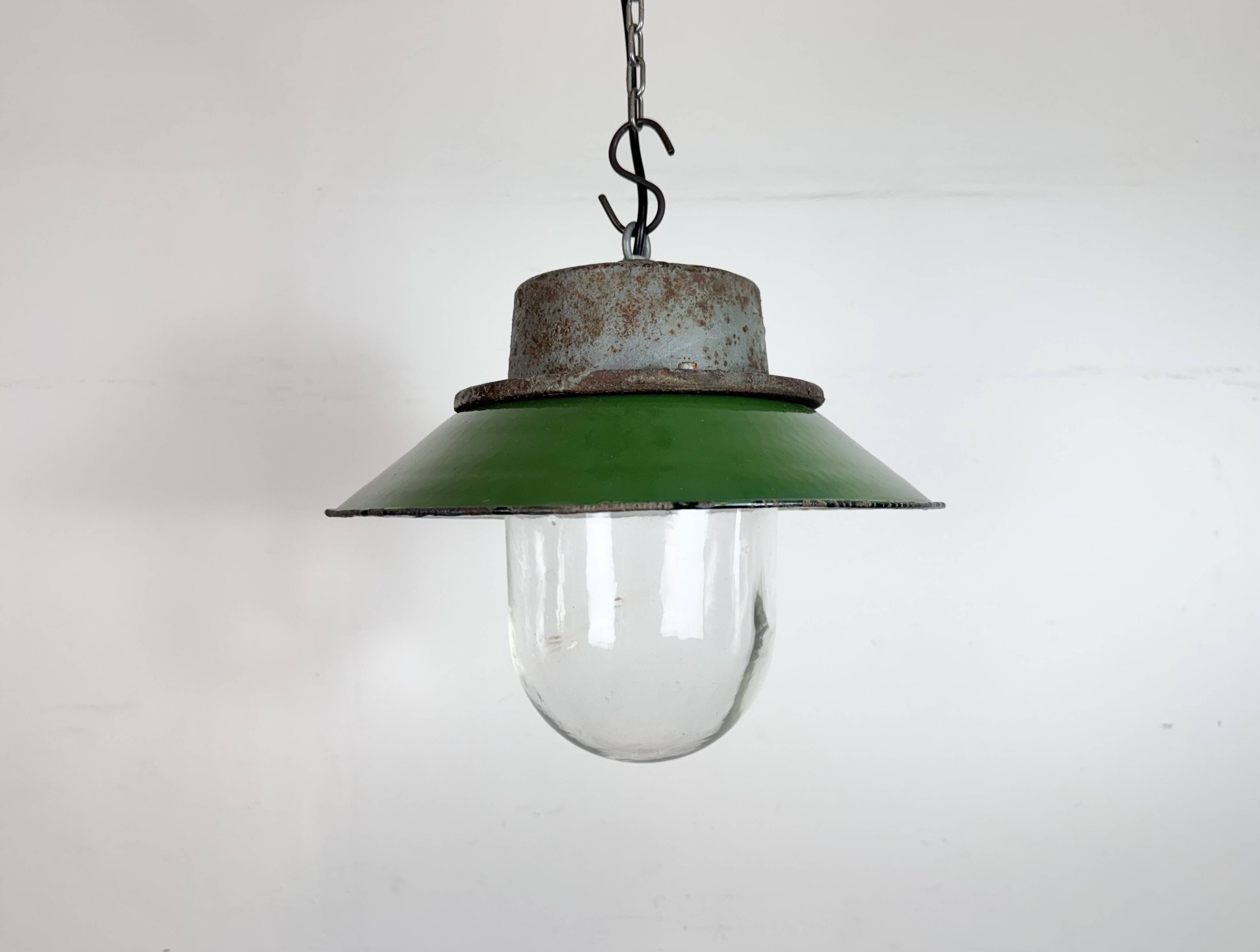 Green Enamel and Cast Iron Industrial Pendant Light, 1960s