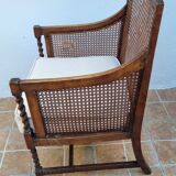 Vintage armchair in turned wood and cane, upholstered seat, 1940s
