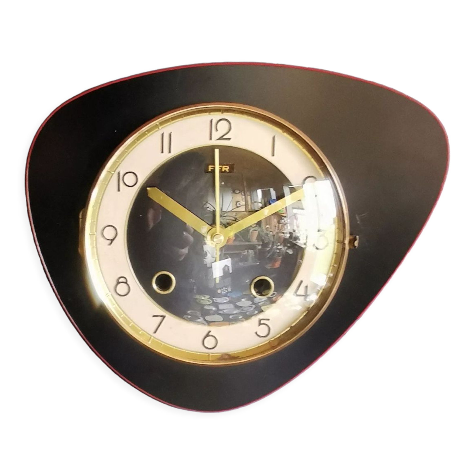 Vintage formica clock silent wall clock asymmetrical "FFR black red"