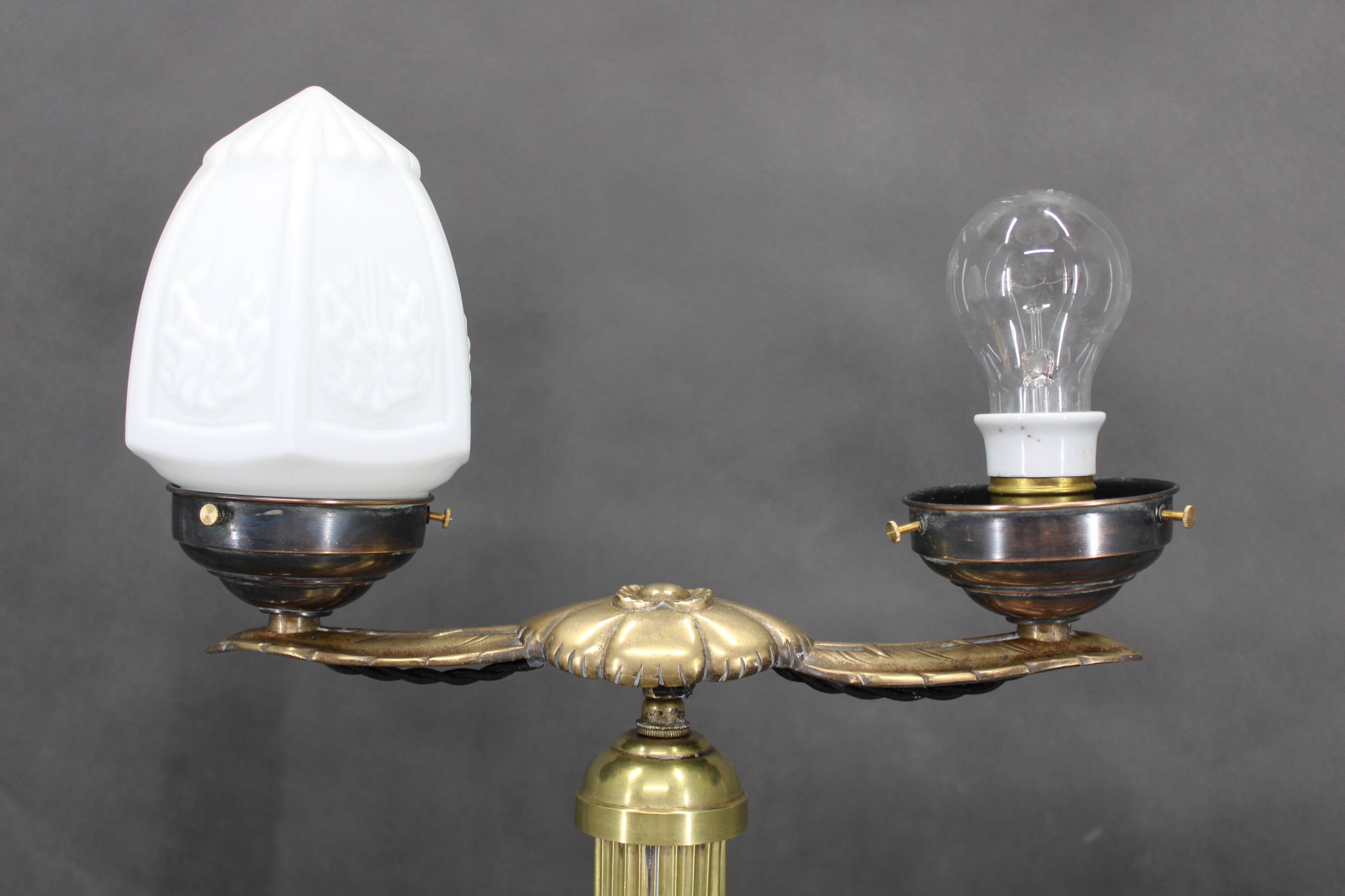 1930s Secession brass and glass dual desk lamp, Czechoslovakia