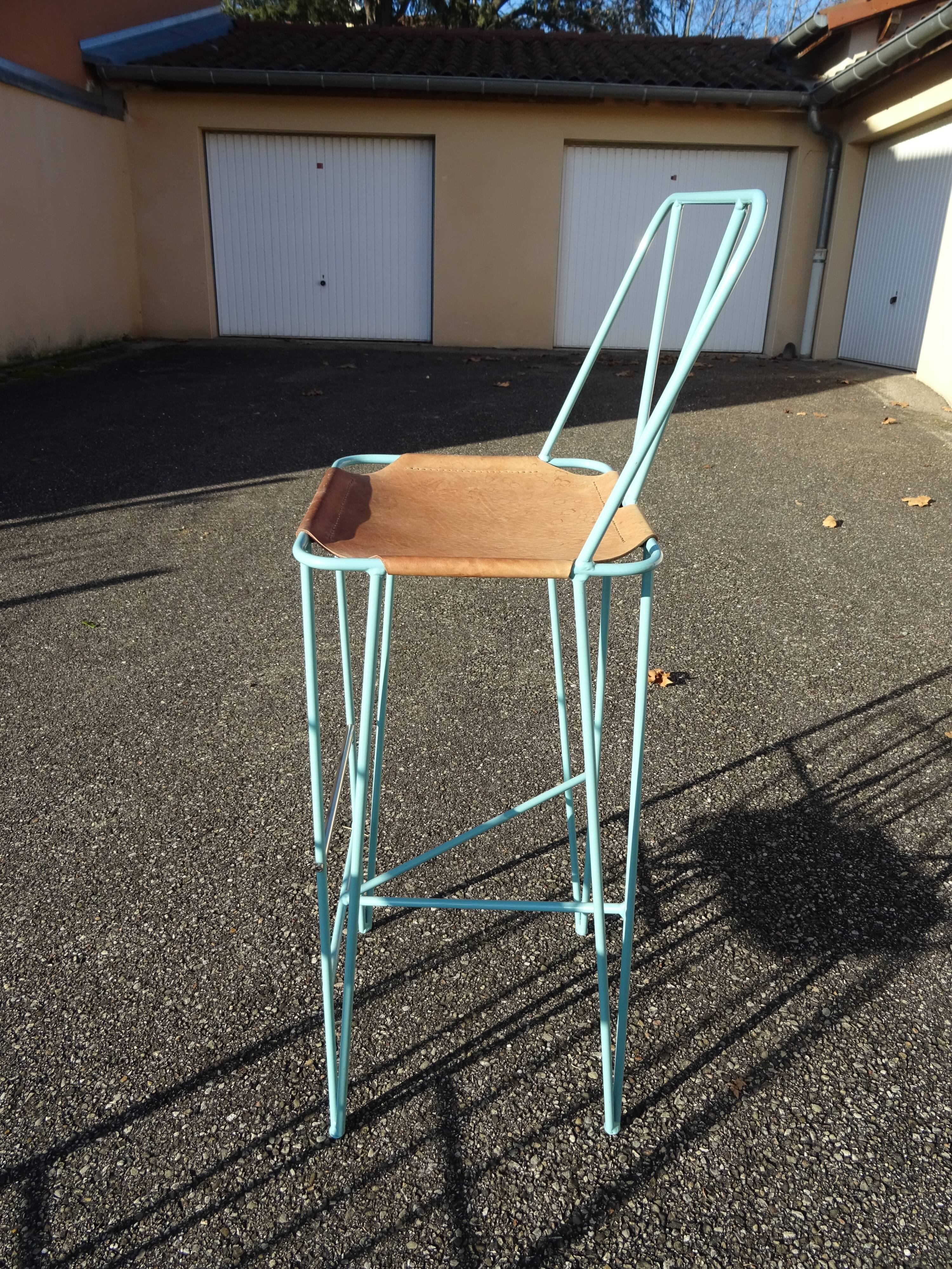 Paire de tabourets hauts tabourets de bar cuir et métal turquoise